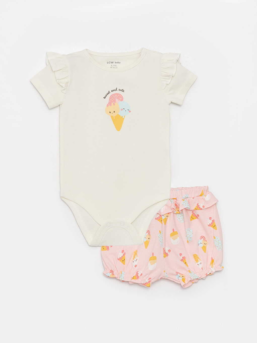 Ensemble 2 Pièces Bébé Fille Imprimé Body à Boutons-Pression et Short Col Rond Manches Courtes