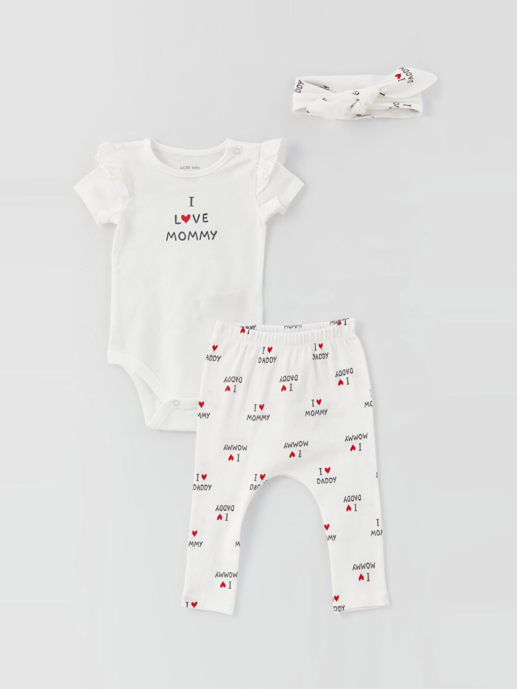 Crew Neck Short Sleeve Printed Baby Girl's Snap Fastener Body Pants and Hair Band 3-Piece Set