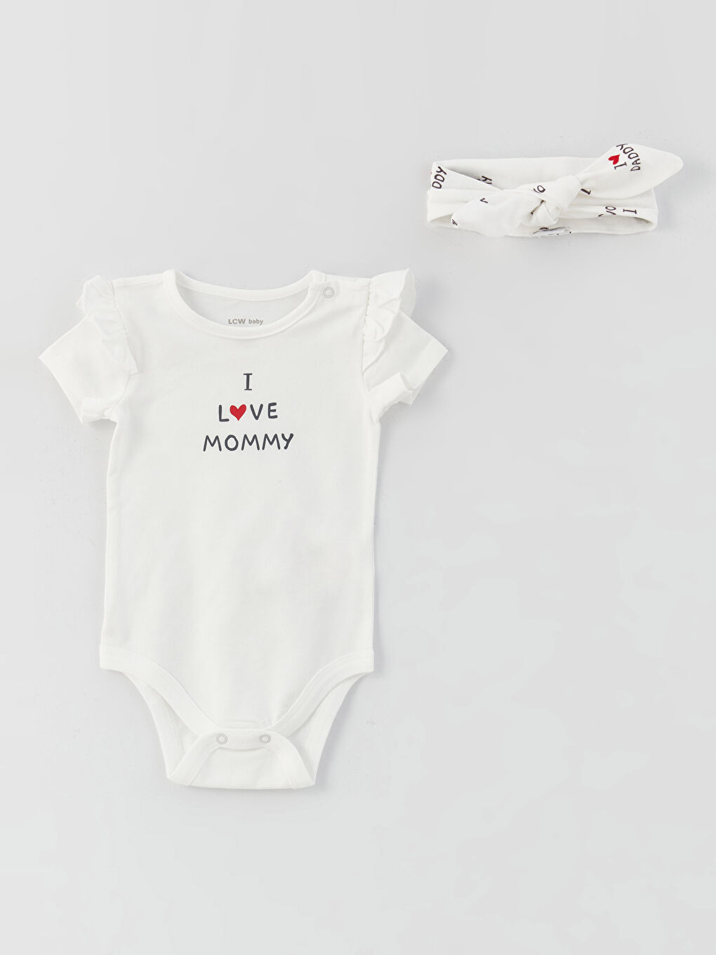 Crew Neck Short Sleeve Printed Baby Girl's Snap Fastener Body Pants and Hair Band 3-Piece Set-1