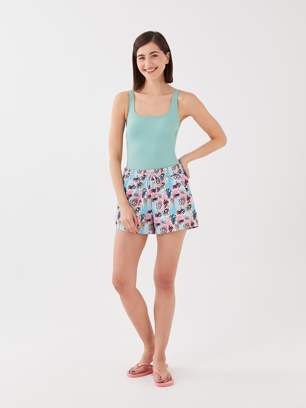 Pembe Beli Lastikli Desenli Kadın Deniz Şortu-1