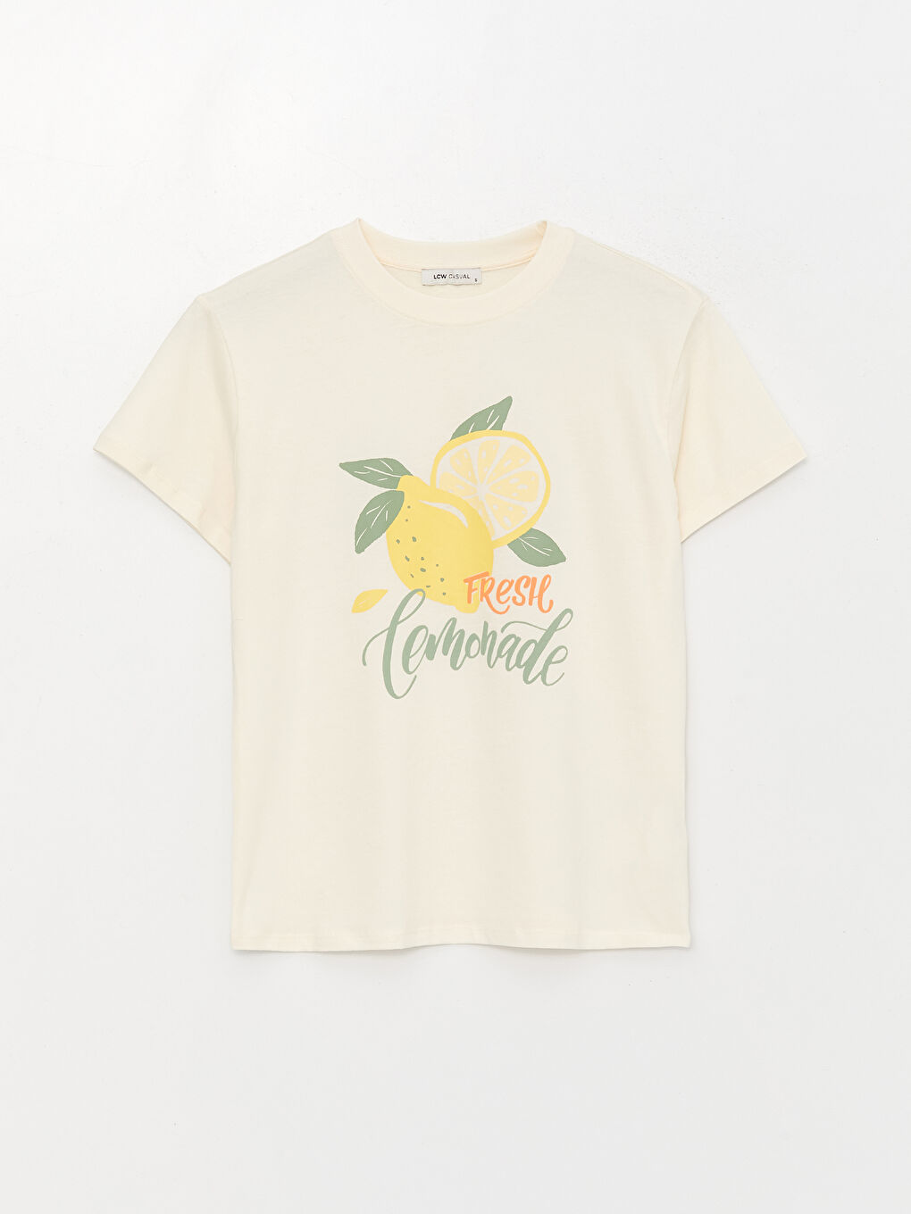 Ekru Bisiklet Yaka Baskılı Kısa Kollu Kadın Tişört-5