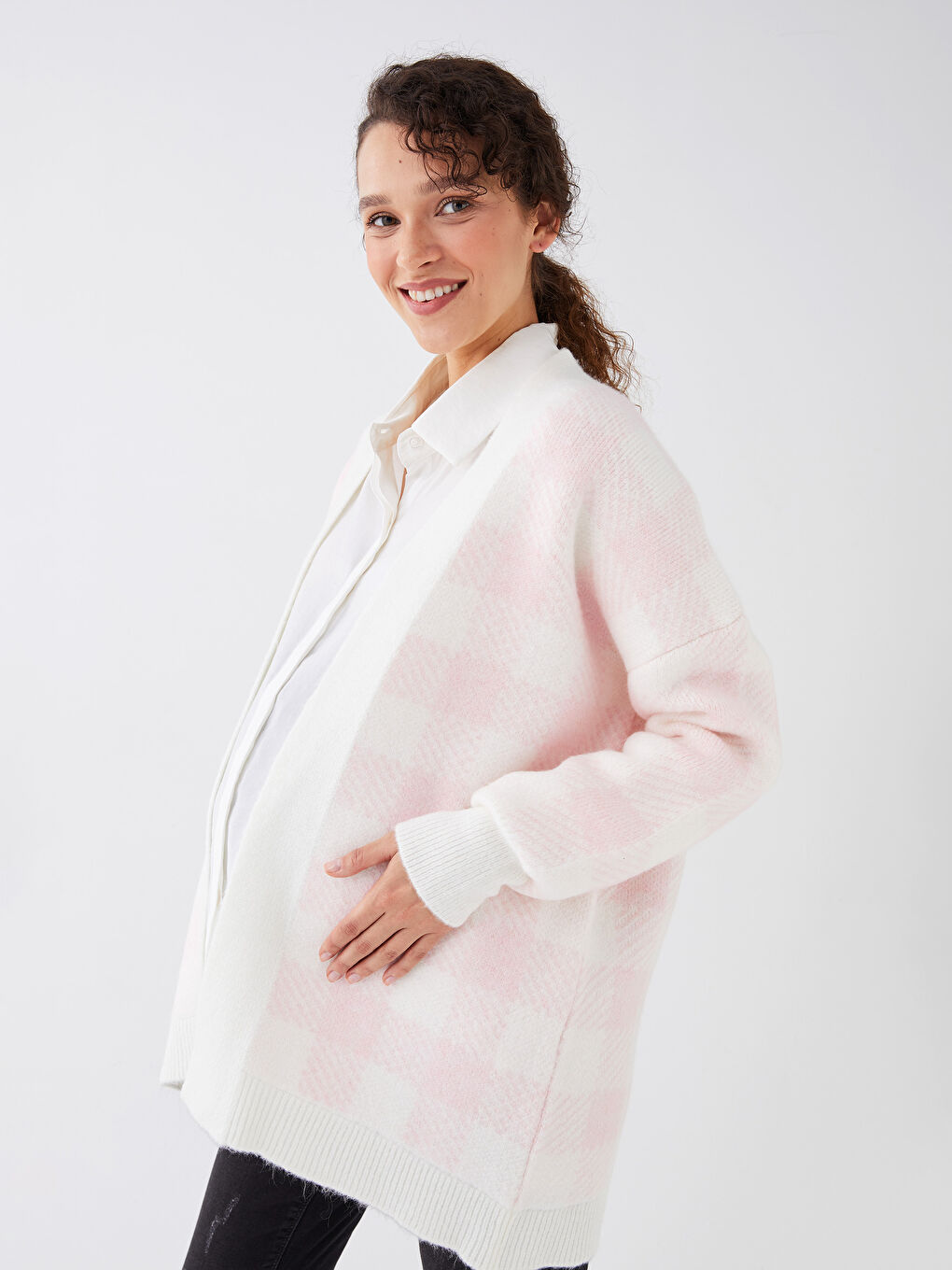 Shawl Collar Plaid Long Sleeve Oversize Maternity Knitwear Cardigan -S3CI61Z8-LNQ