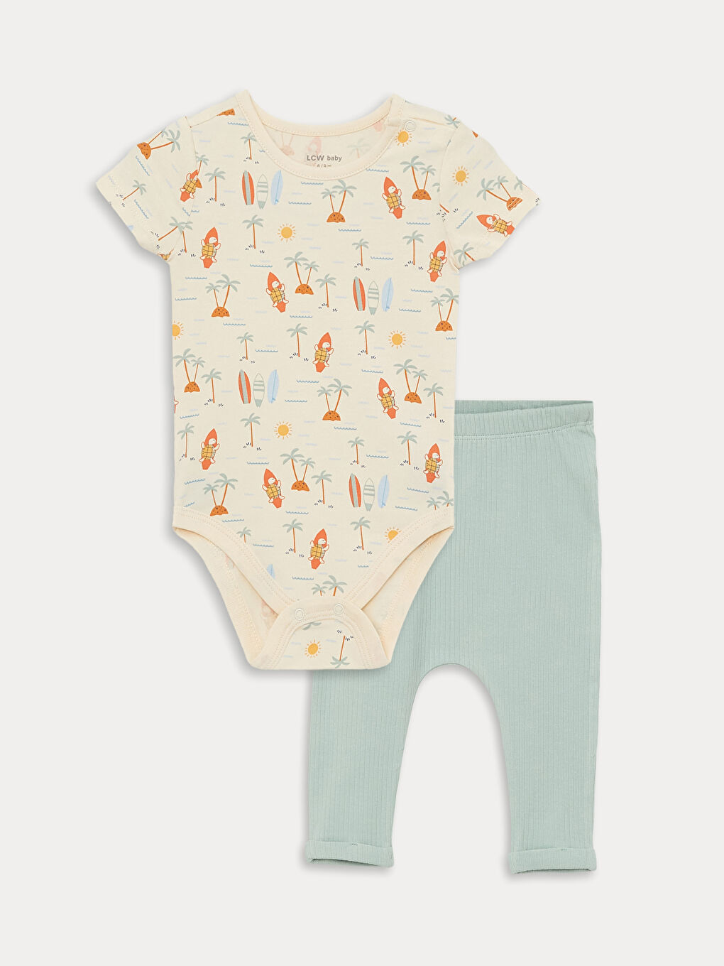 Crew Neck Short Sleeve Patterned Baby Boy Snap Fastener Body and Trousers 2-Piece Set