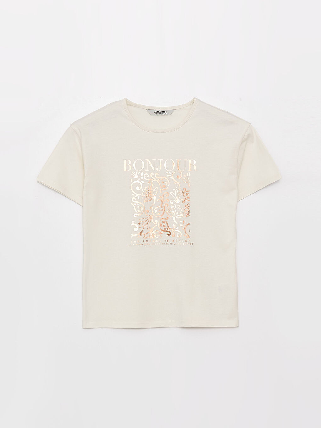 Ekru Bisiklet Yaka Baskılı Kısa Kollu Pamuklu Kız Çocuk Tişört