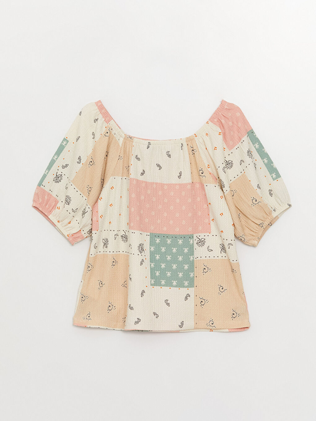 Karışık Kare Yaka Desenli Kısa Kollu Kız Çocuk Tişört-1