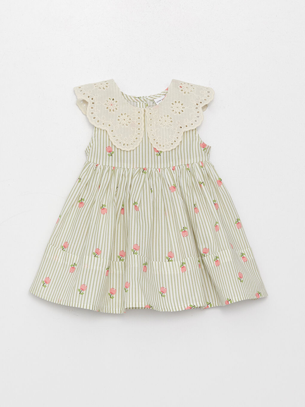 Ekru Bebe Yaka Desenli Kız Bebek Elbise