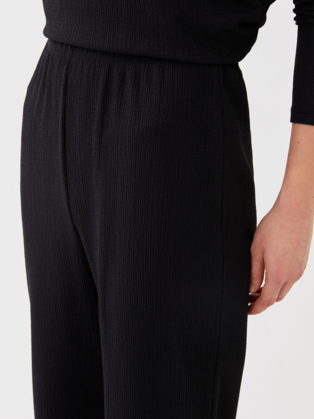 Pantalon Uni à Jambe Large avec Taille Élastiquée pour Femmes-1