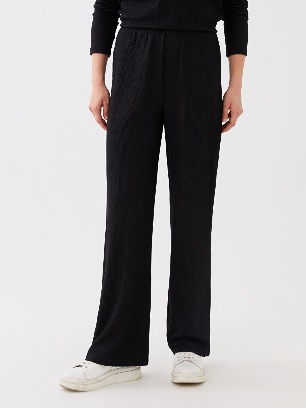 Pantalon Uni à Jambe Large avec Taille Élastiquée pour Femmes-2