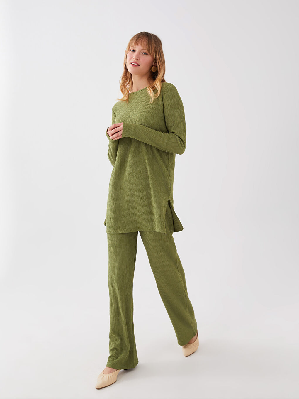 بنطلون واسع الساق سادة بخصر مرن للسيدات-1