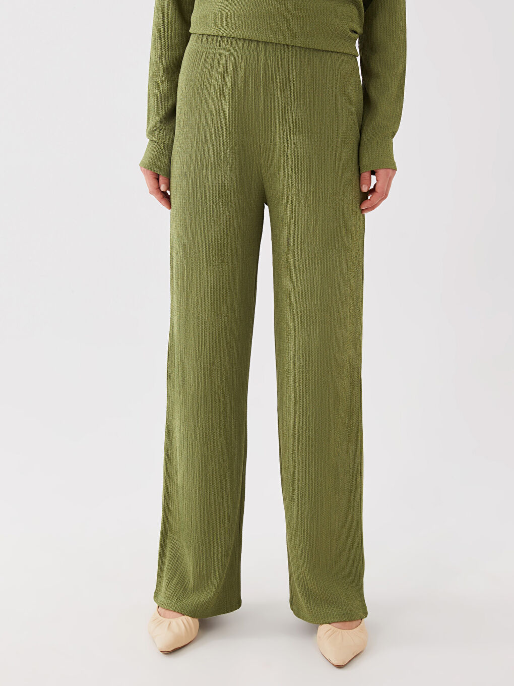 بنطلون واسع الساق سادة بخصر مرن للسيدات-3