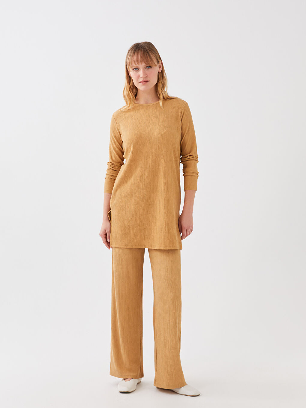 Bej Beli Lastikli Düz Geniş Paça Kadın Pantolon