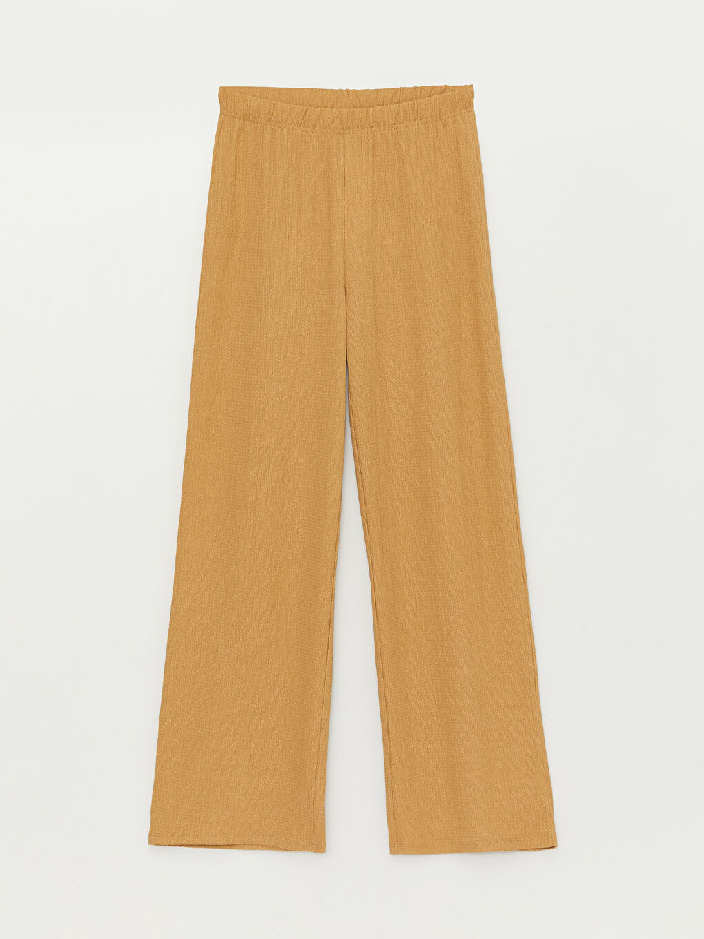 Bej Beli Lastikli Düz Geniş Paça Kadın Pantolon-4