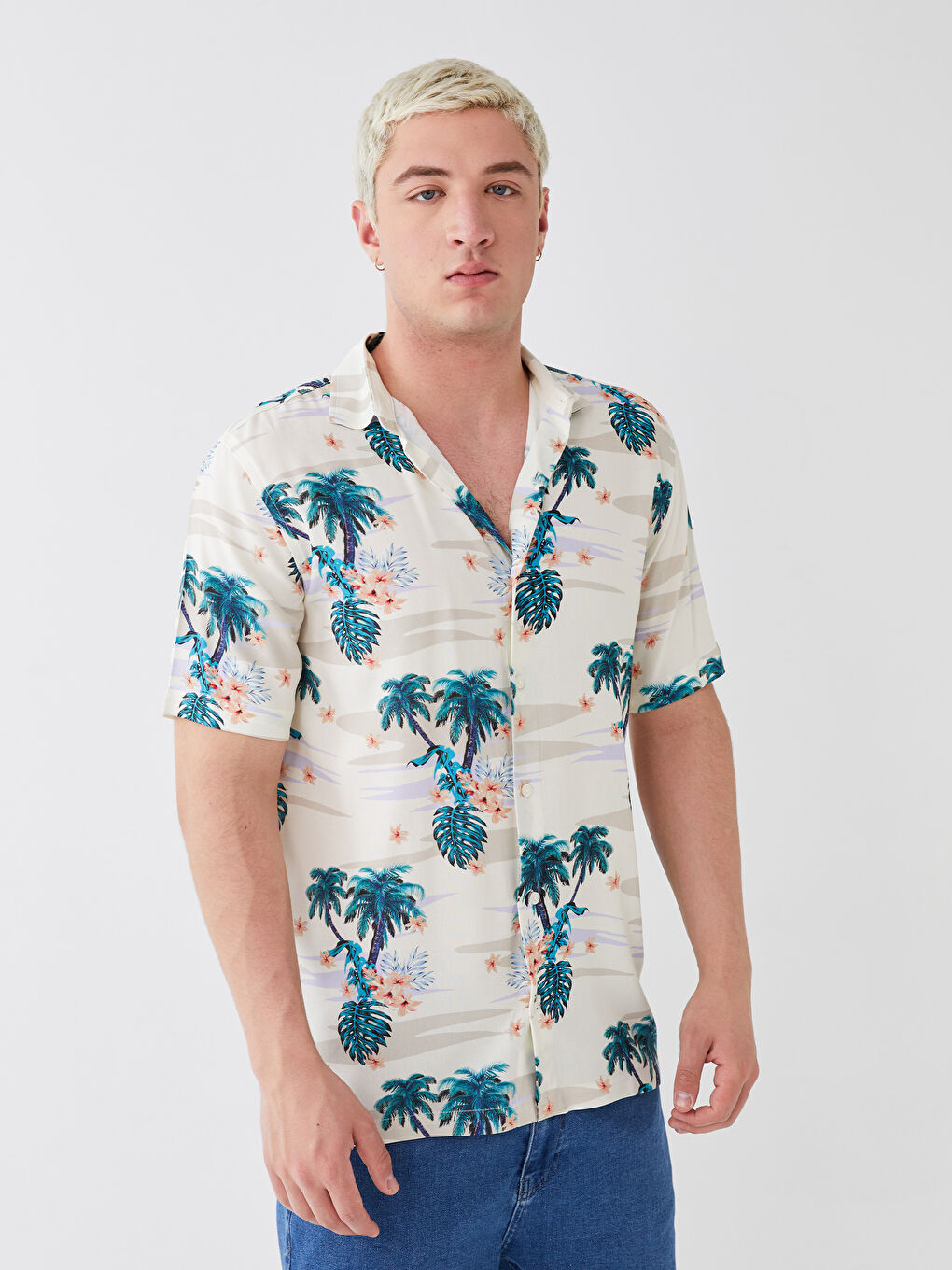 قميص رجالي بكم قصير عادي منقوش فيسكوز-1