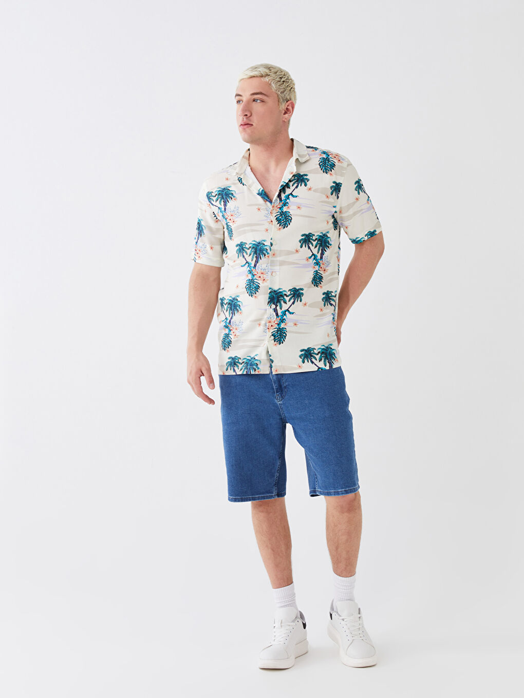 قميص رجالي بكم قصير عادي منقوش فيسكوز-2