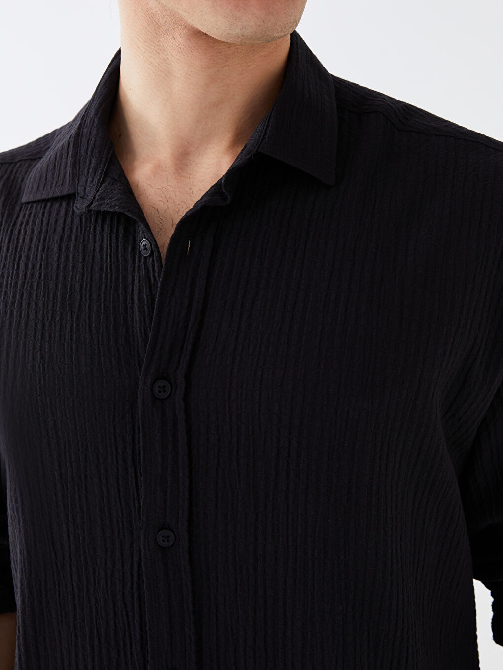 Siyah Rahat Kalıp Uzun Kollu Erkek Gömlek-3