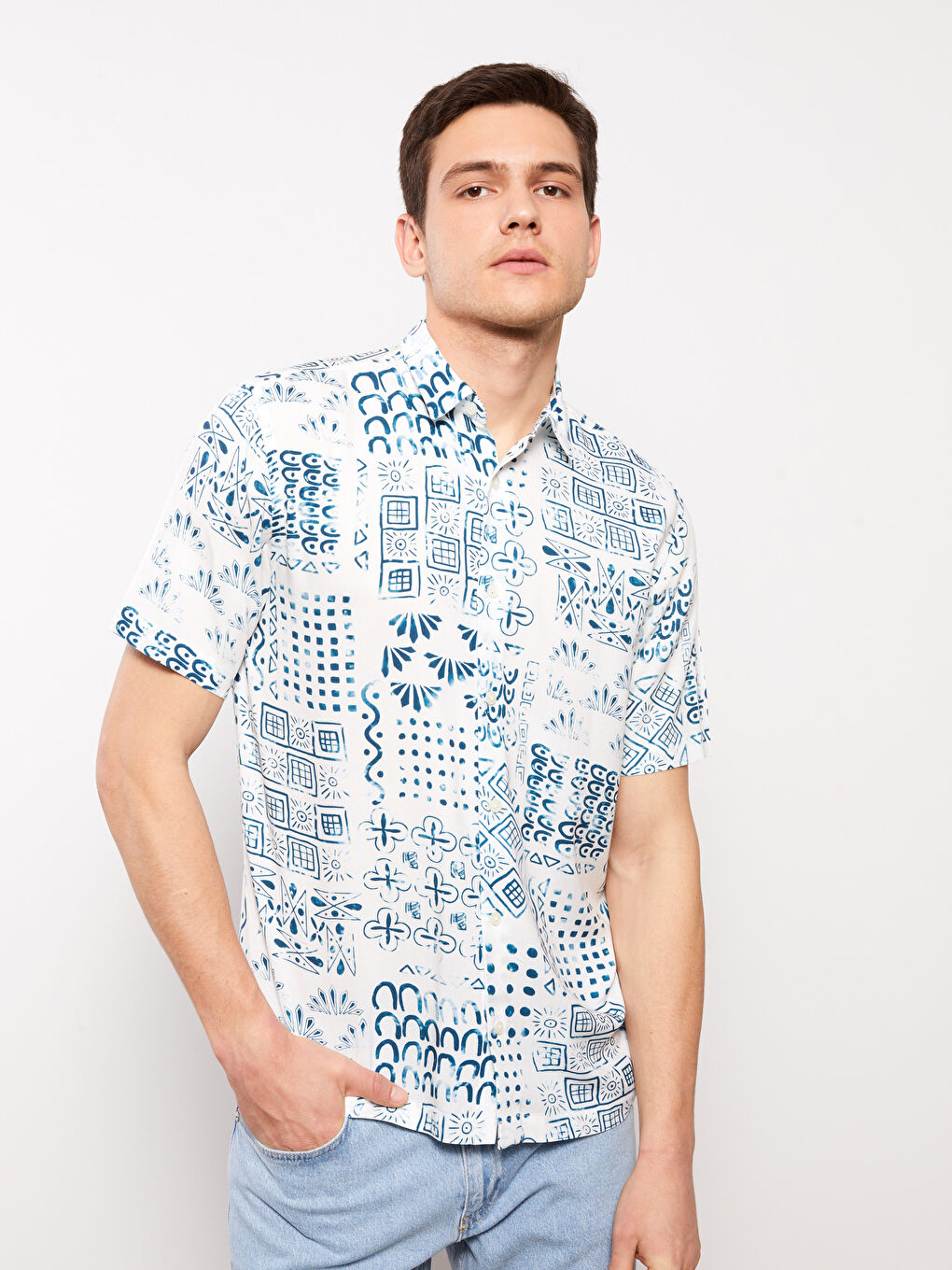 Regular Fit Short Sleeve Patterned Viscose Men's Shirt