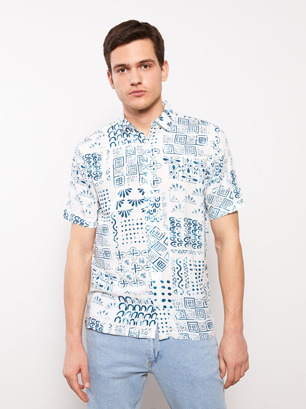 Regular Fit Short Sleeve Patterned Viscose Men's Shirt-1