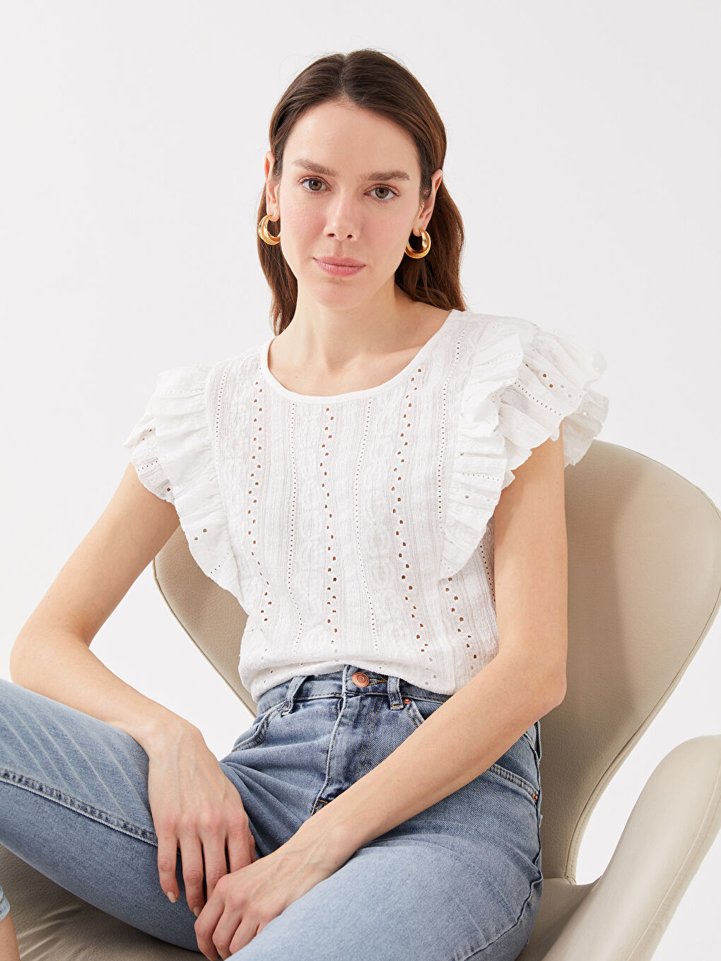 Ekru Kadın Bisiklet Yaka Nakışlı Kısa Kollu Bluz Anne Kız Kombini