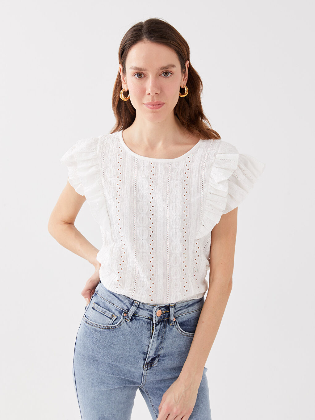 Ekru Kadın Bisiklet Yaka Nakışlı Kısa Kollu Bluz Anne Kız Kombini-2