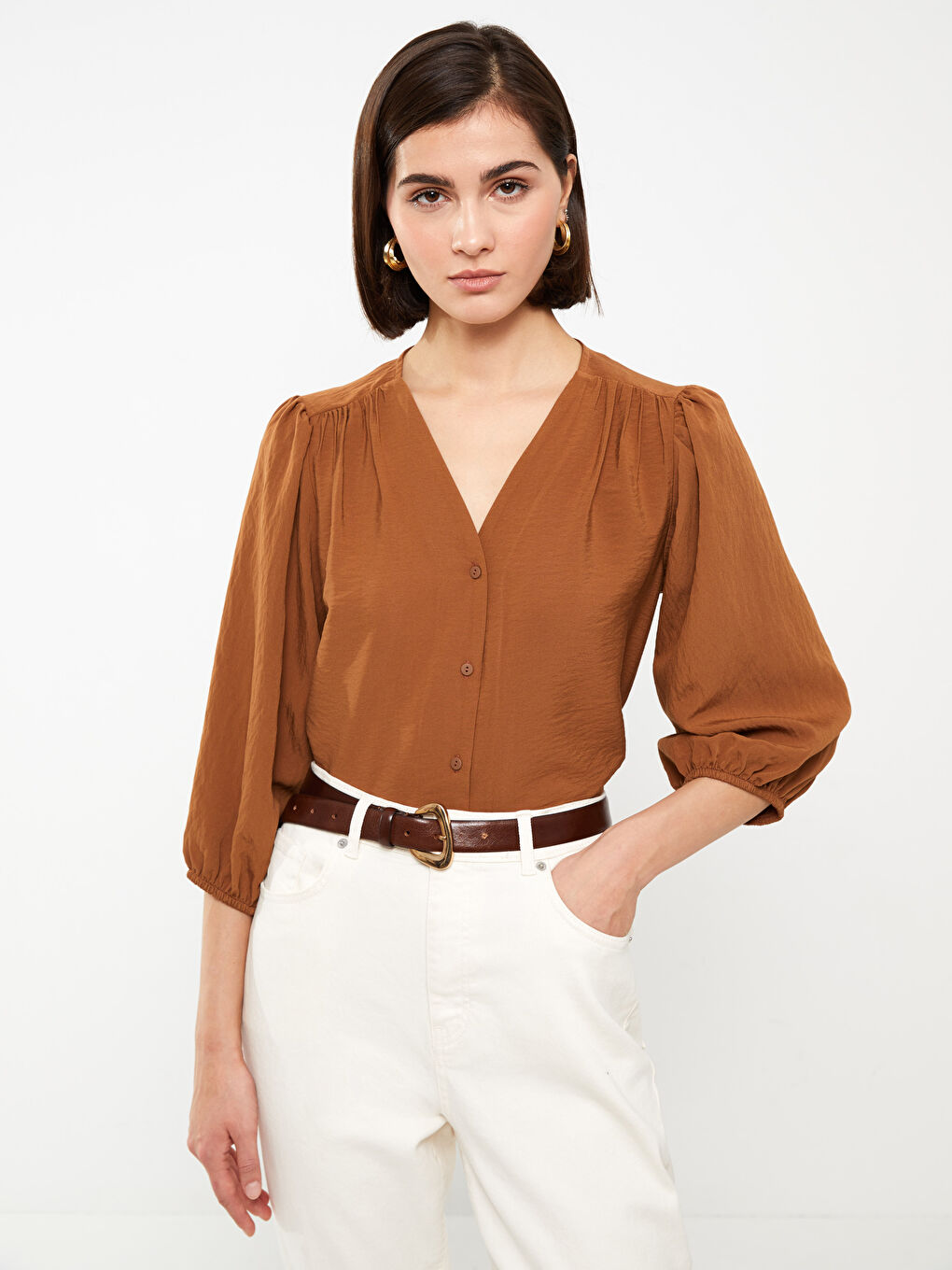 Women's V Neck Plain Blouse-1