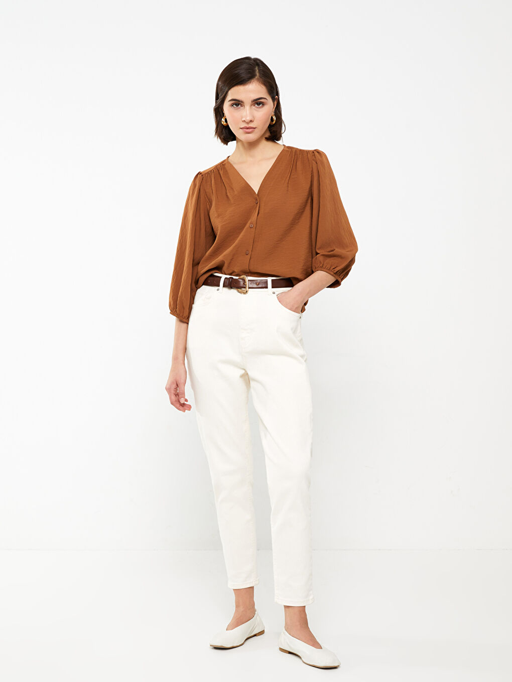 Women's V Neck Plain Blouse-2