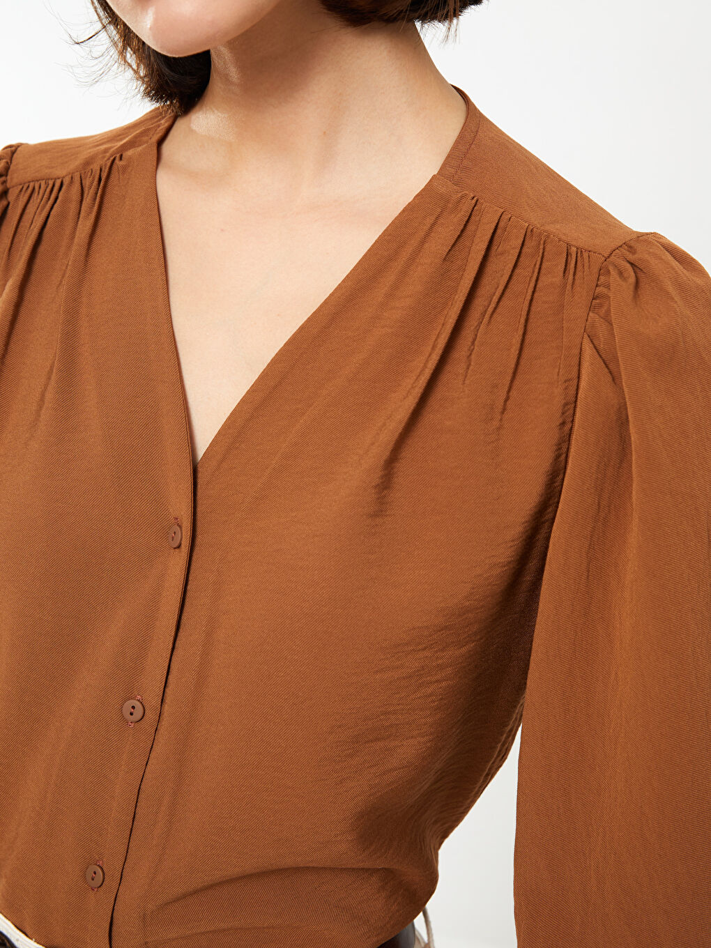 Women's V Neck Plain Blouse-3