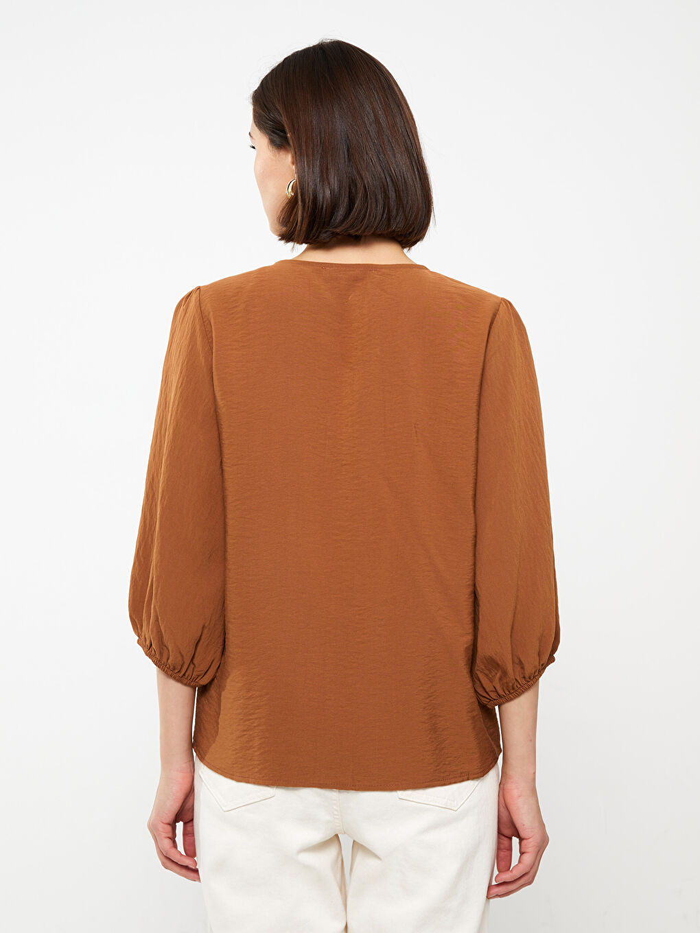 Women's V Neck Plain Blouse-4