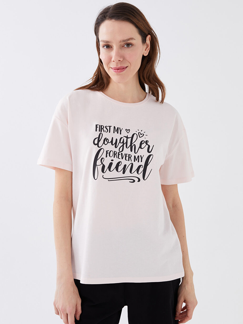 Pembe Bisiklet Yaka Baskılı Kısa Kollu Kadın Tişört Anne Kız Kombini-2