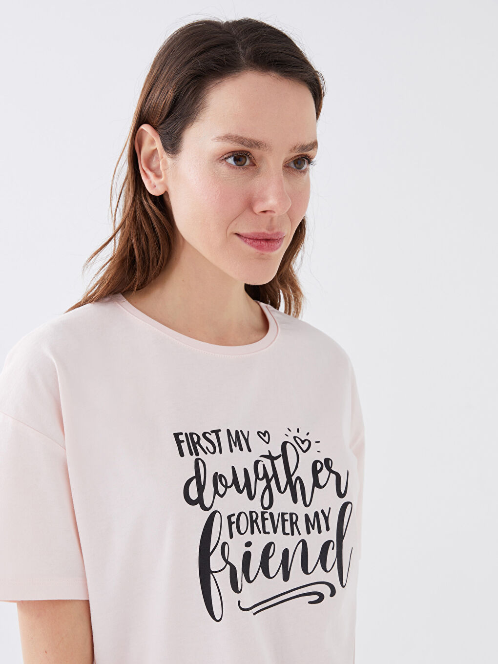 Pembe Bisiklet Yaka Baskılı Kısa Kollu Kadın Tişört Anne Kız Kombini-4