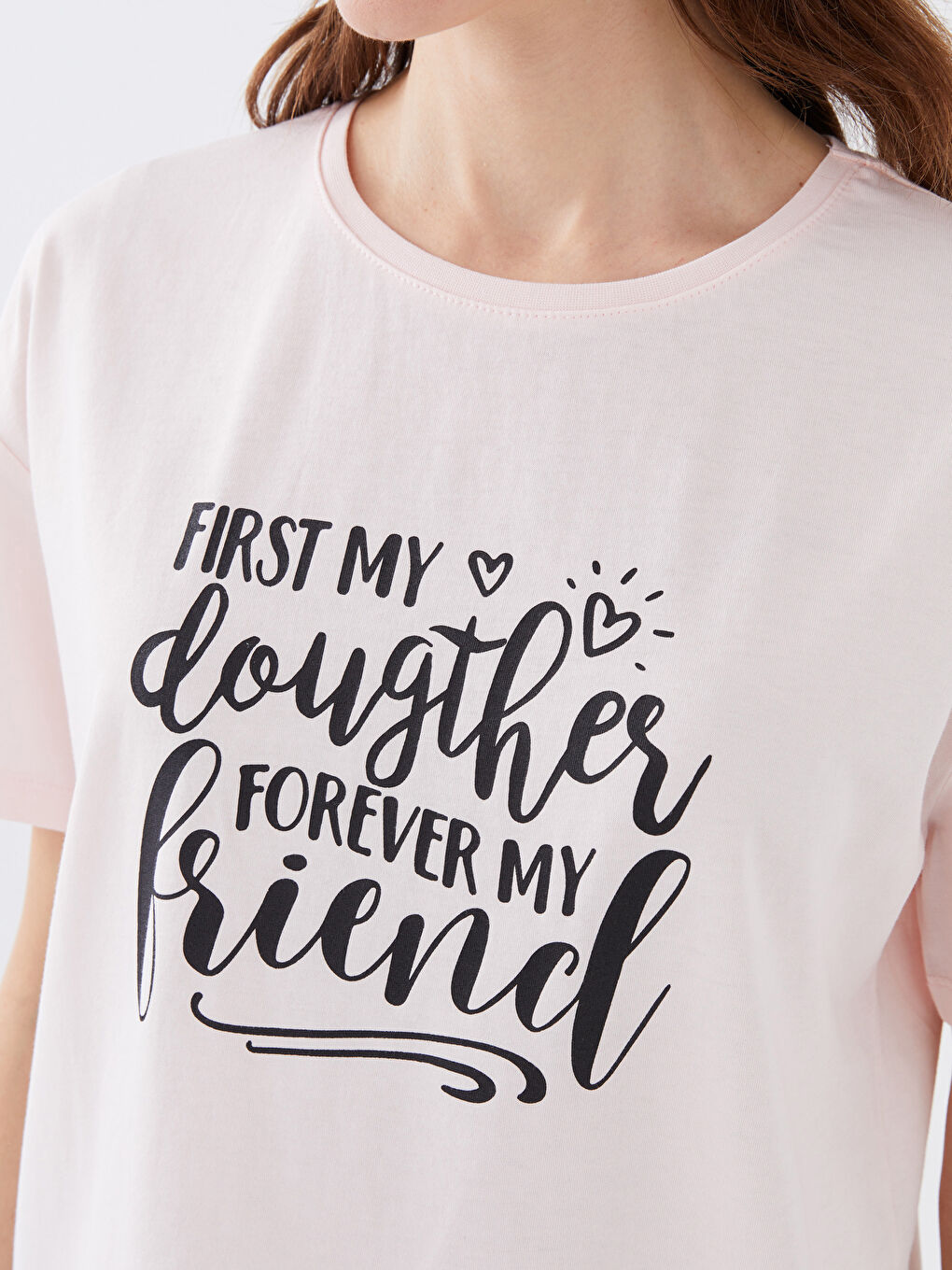 Pembe Bisiklet Yaka Baskılı Kısa Kollu Kadın Tişört Anne Kız Kombini-8