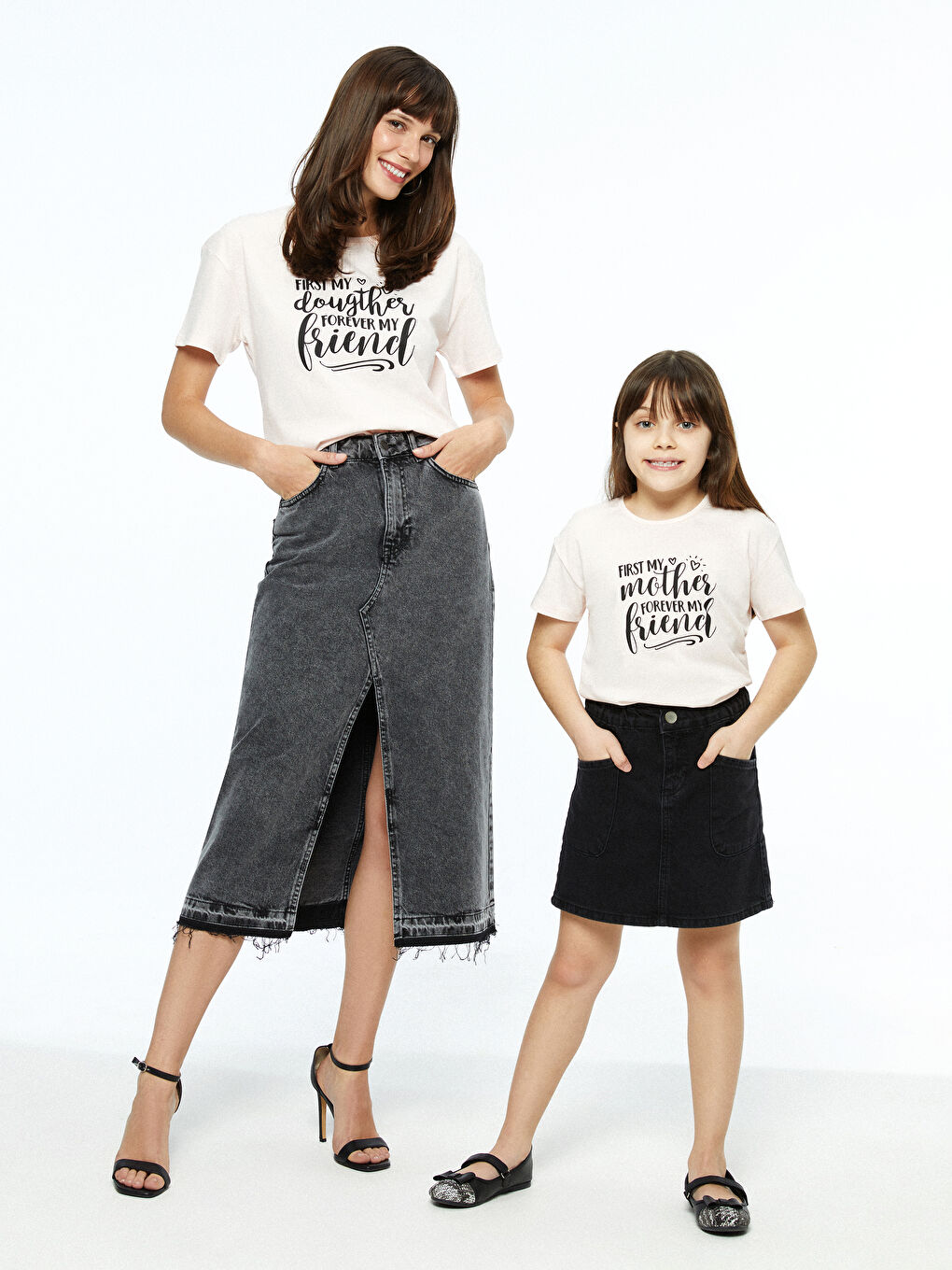 Pembe Bisiklet Yaka Baskılı Kısa Kollu Kadın Tişört Anne Kız Kombini