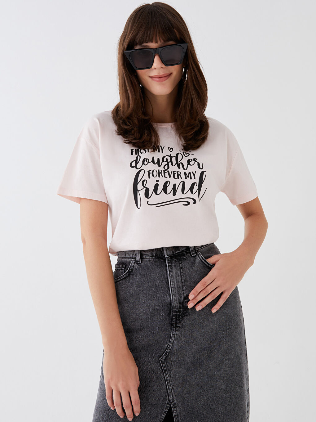 Pembe Bisiklet Yaka Baskılı Kısa Kollu Kadın Tişört Anne Kız Kombini-1