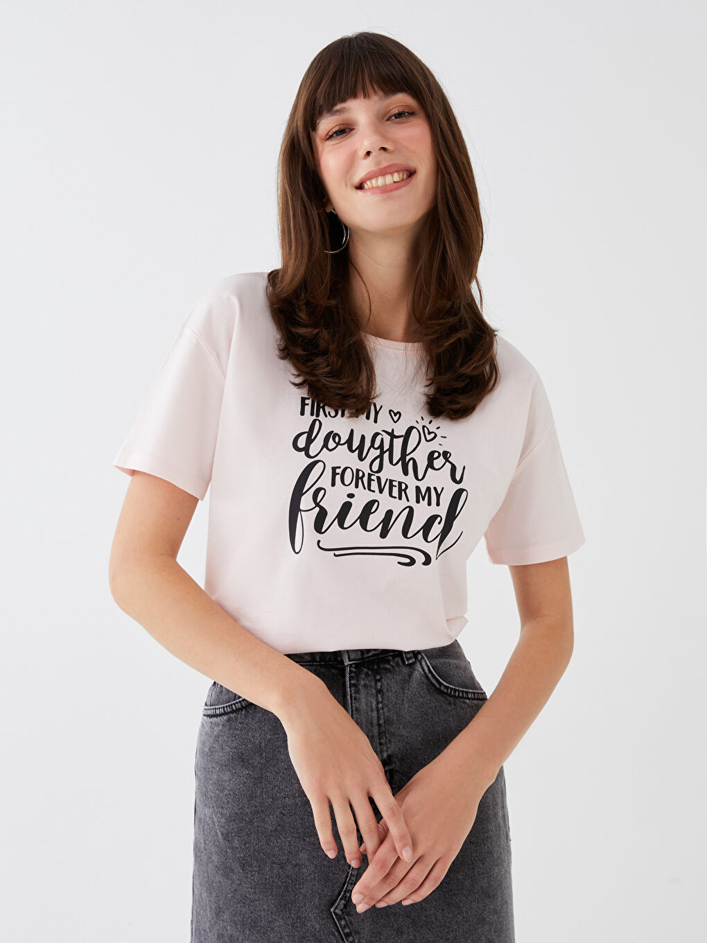 Pembe Bisiklet Yaka Baskılı Kısa Kollu Kadın Tişört Anne Kız Kombini-3