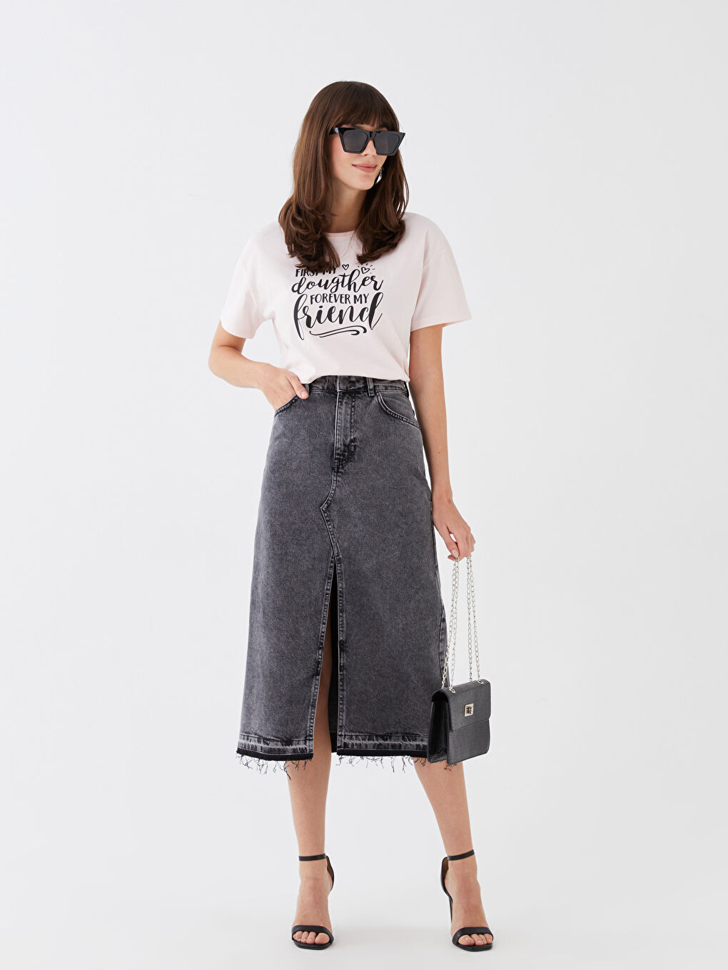 Pembe Bisiklet Yaka Baskılı Kısa Kollu Kadın Tişört Anne Kız Kombini-5