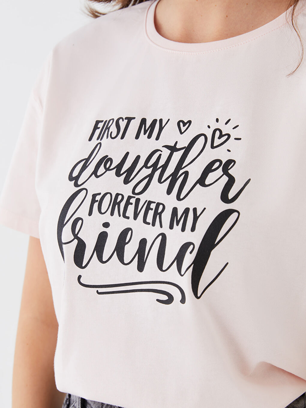 Pembe Bisiklet Yaka Baskılı Kısa Kollu Kadın Tişört Anne Kız Kombini-7