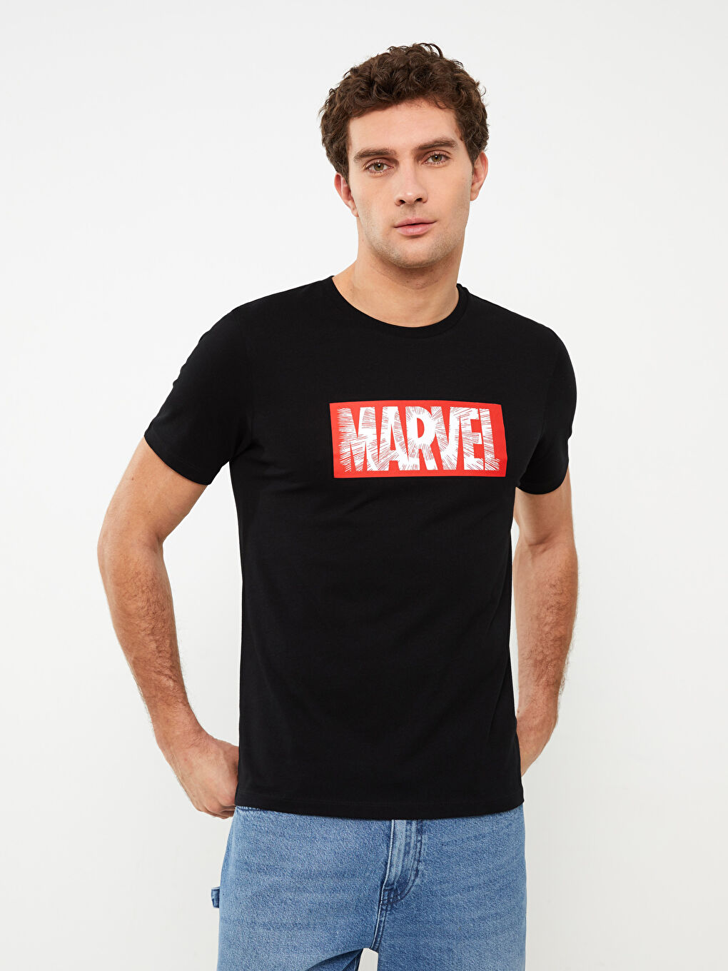 XSIDE Siyah Bisiklet Yaka Kısa Kollu Marvel Baskılı Penye Erkek Tişört