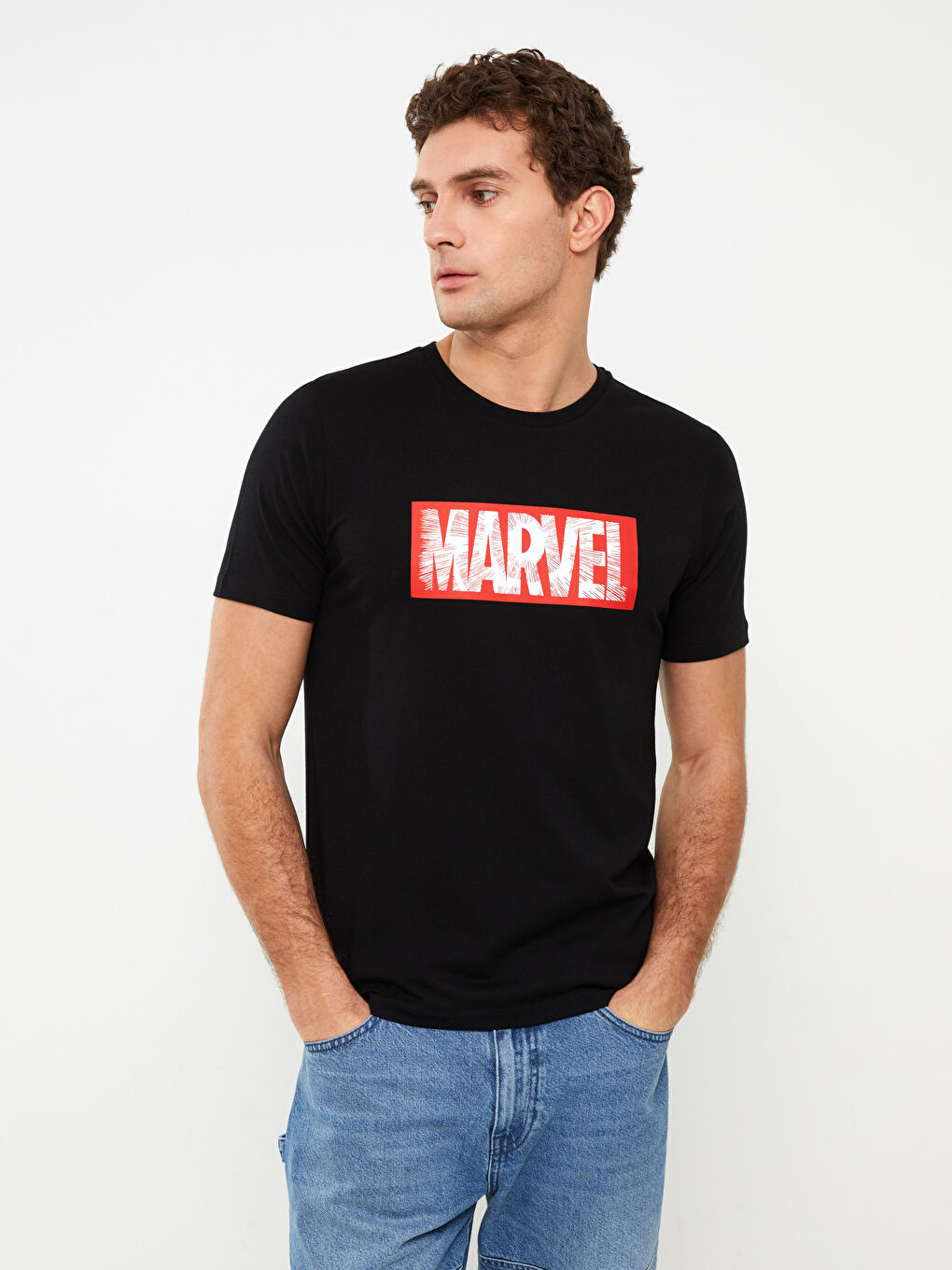 XSIDE Siyah Bisiklet Yaka Kısa Kollu Marvel Baskılı Penye Erkek Tişört - 1