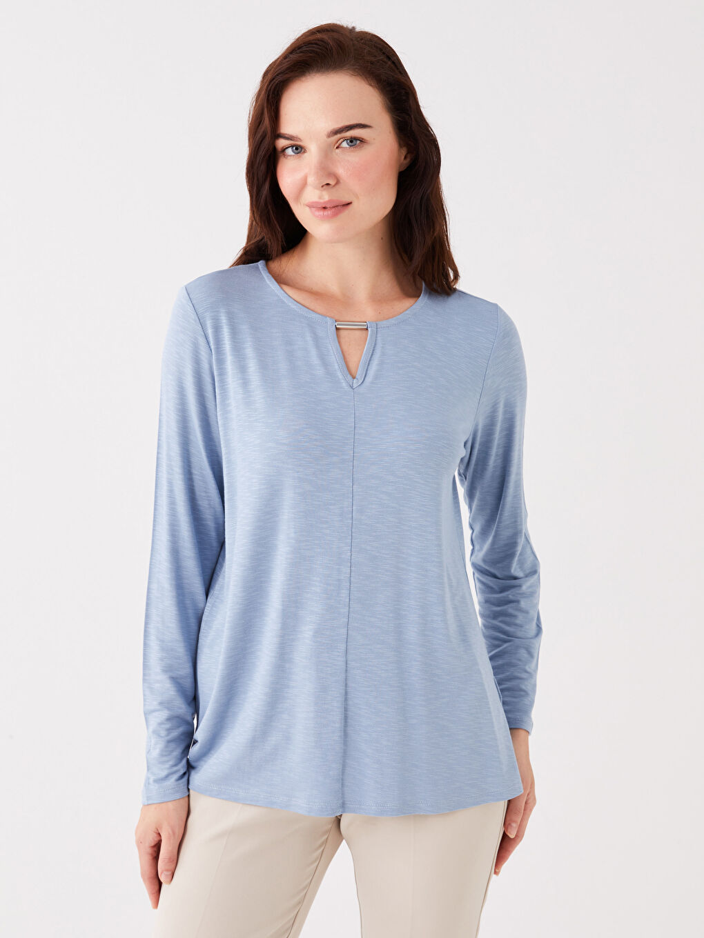 Mavi Bisiklet Yaka Düz Uzun Kollu Kadın Tişört