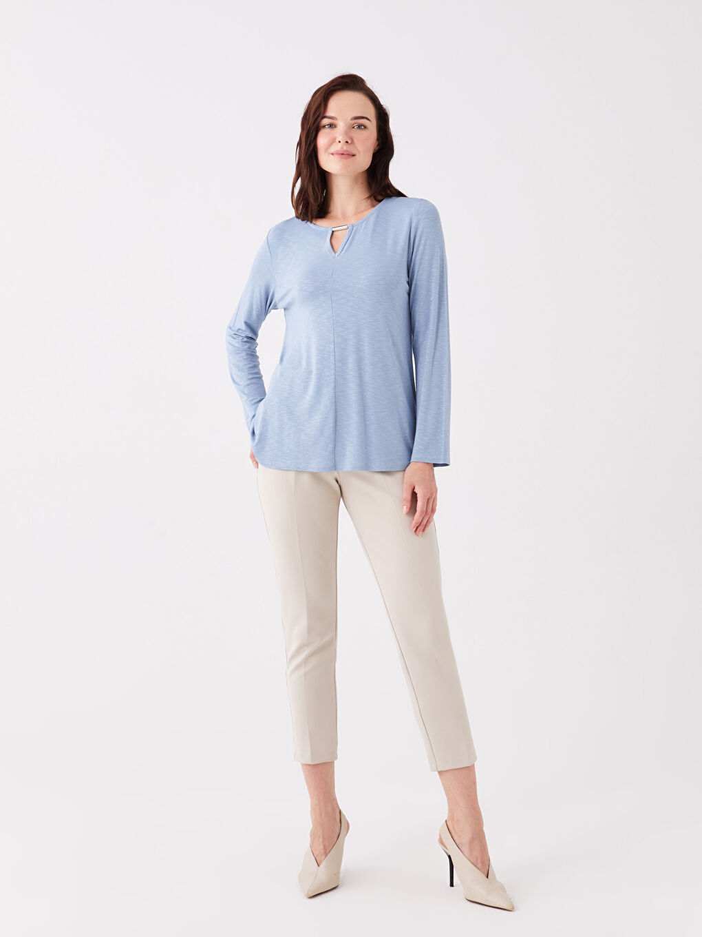 Mavi Bisiklet Yaka Düz Uzun Kollu Kadın Tişört-2