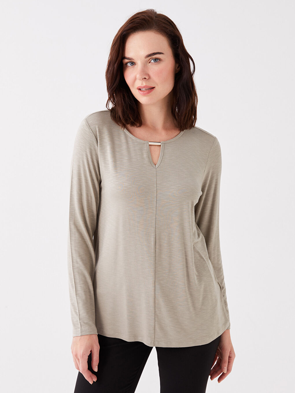 Gri Bisiklet Yaka Düz Uzun Kollu Kadın Tişört