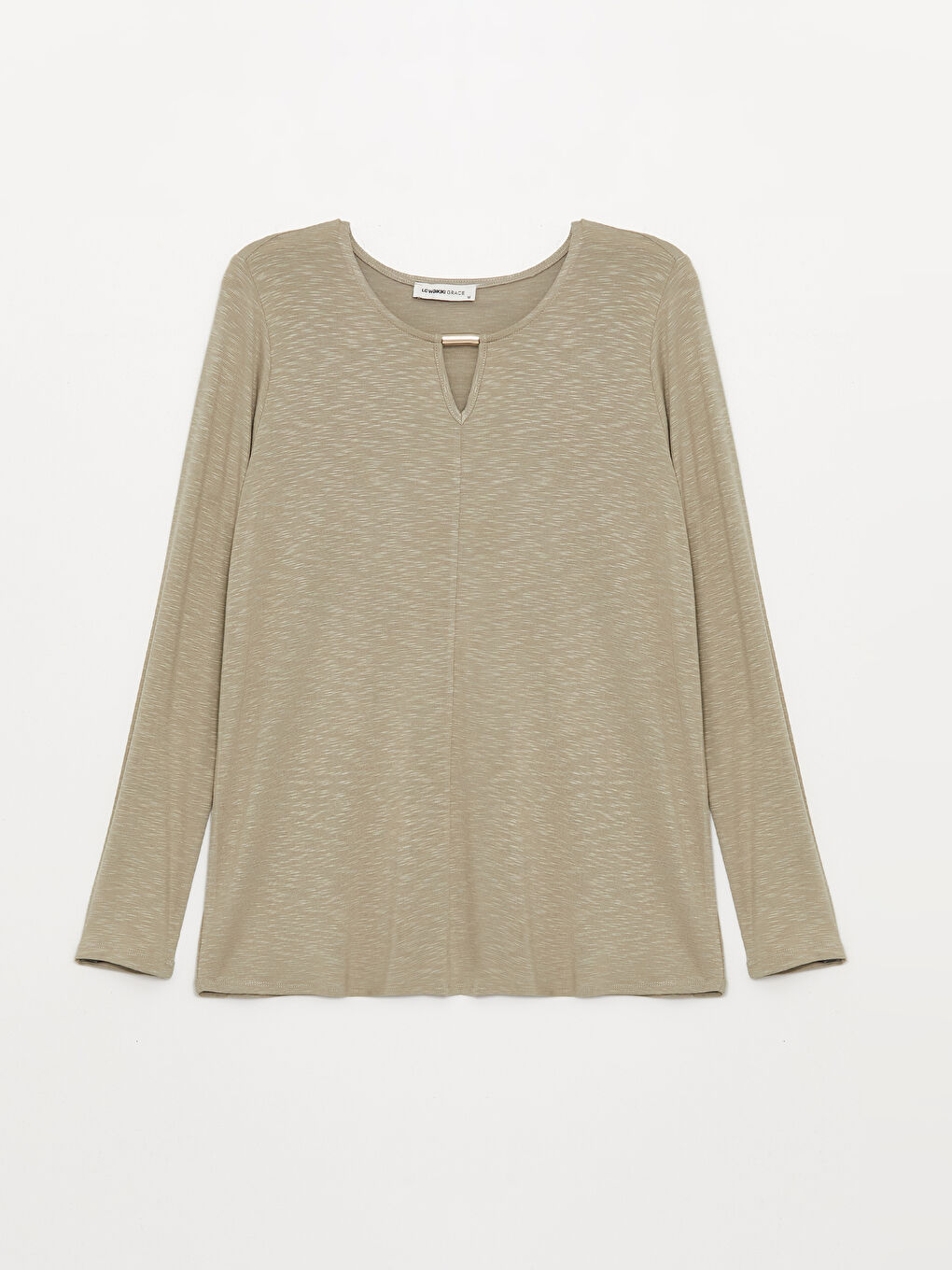 Gri Bisiklet Yaka Düz Uzun Kollu Kadın Tişört-5