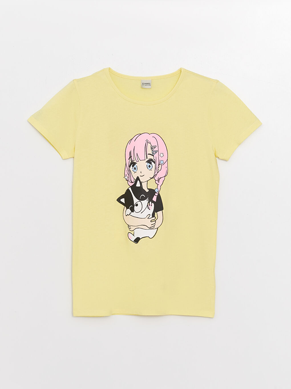 Sarı Bisiklet Yaka Baskılı Kısa Kollu Kız Çocuk Tişört