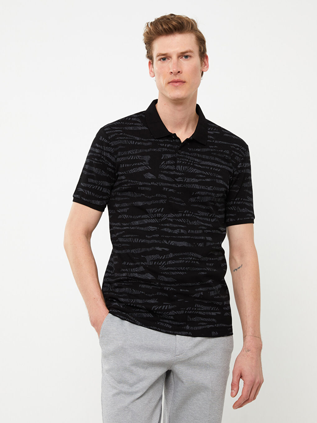 Polo Neck Short Sleeve Patterned Pique Men's T-Shirt-1