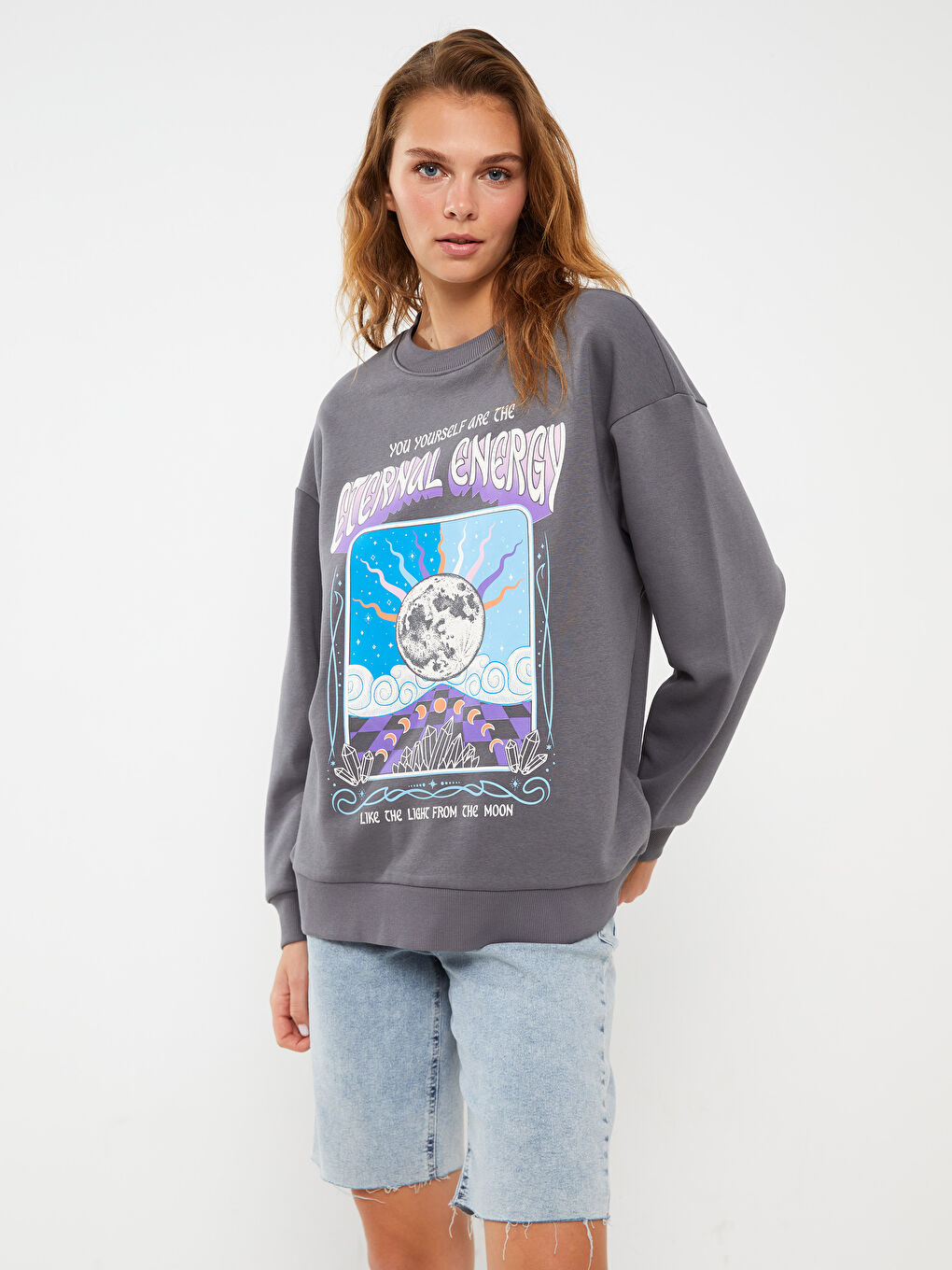 Crew Neck Printed Oversize Women's Thick Sweatshirt