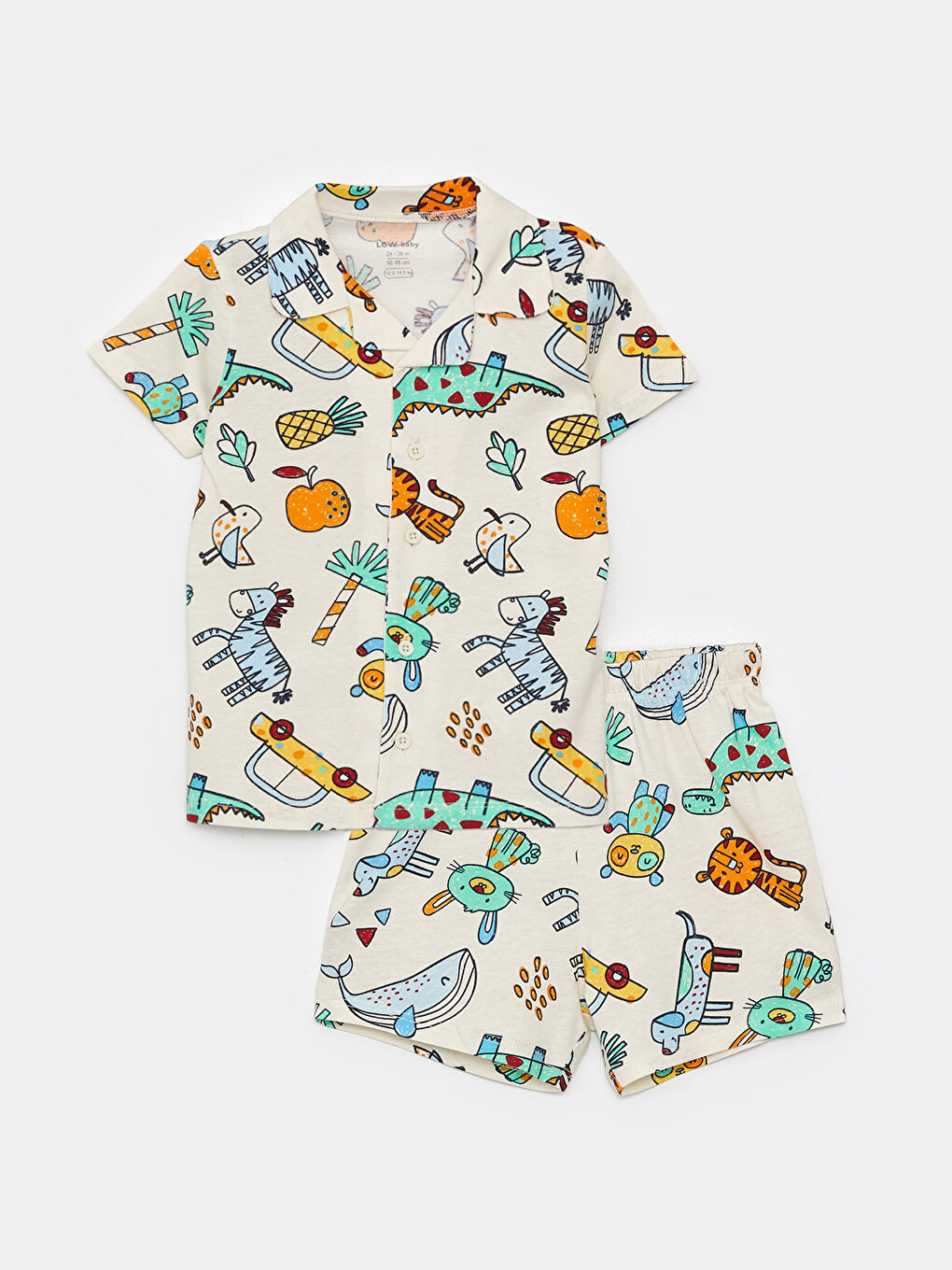 Ekru Polo Yaka Kısa Kollu Desenli Erkek Bebek Pijama Takımı