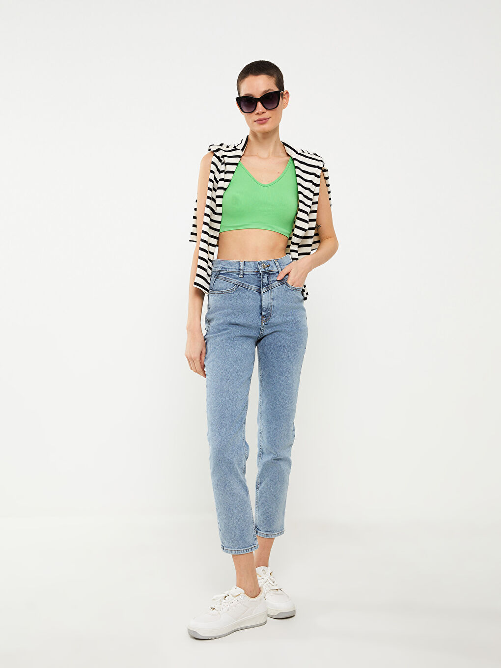 İndigo Yüksek Bel Mom Fit Kadın Jean Pantolon