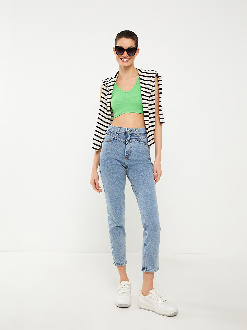 İndigo Yüksek Bel Mom Fit Kadın Jean Pantolon-1