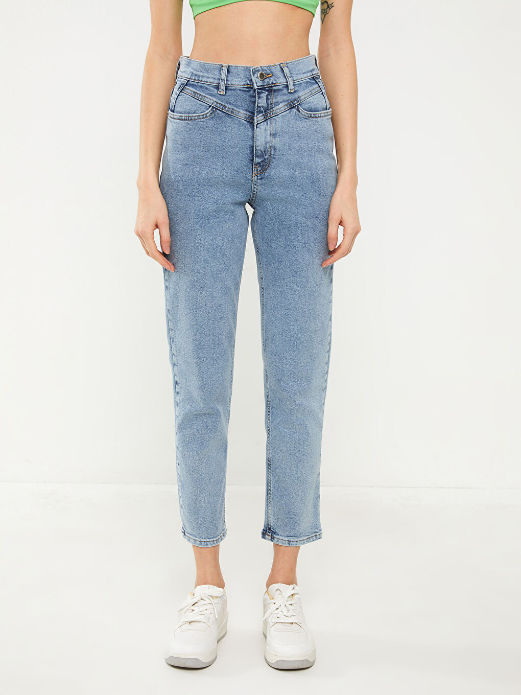 İndigo Yüksek Bel Mom Fit Kadın Jean Pantolon-3