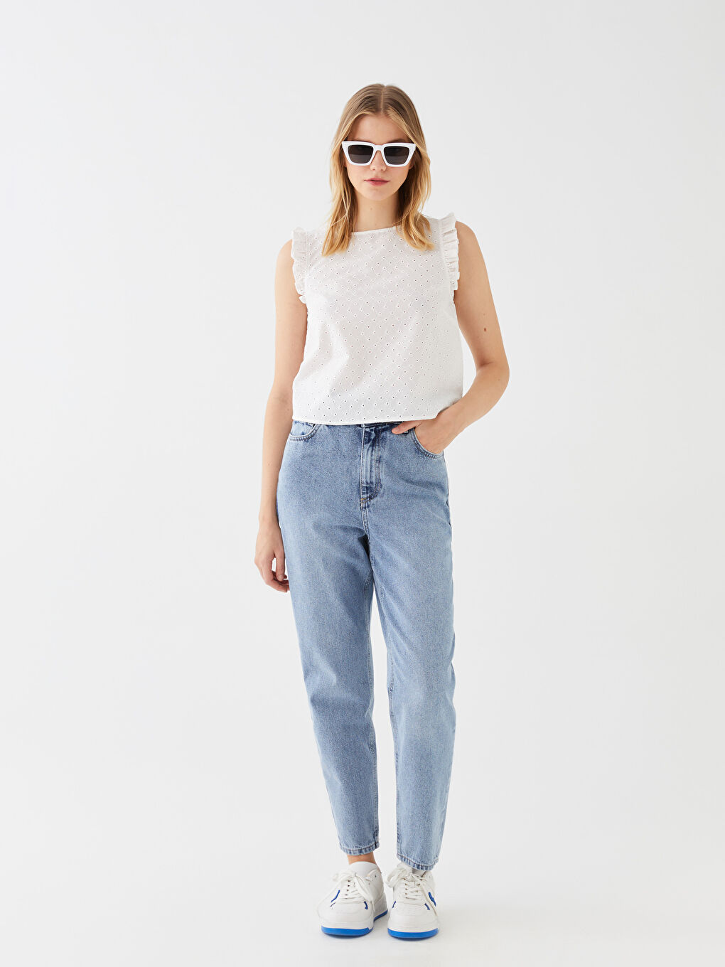 İndigo Beli Lastikli Slouchy Fit Kadın Jean Pantolon-1