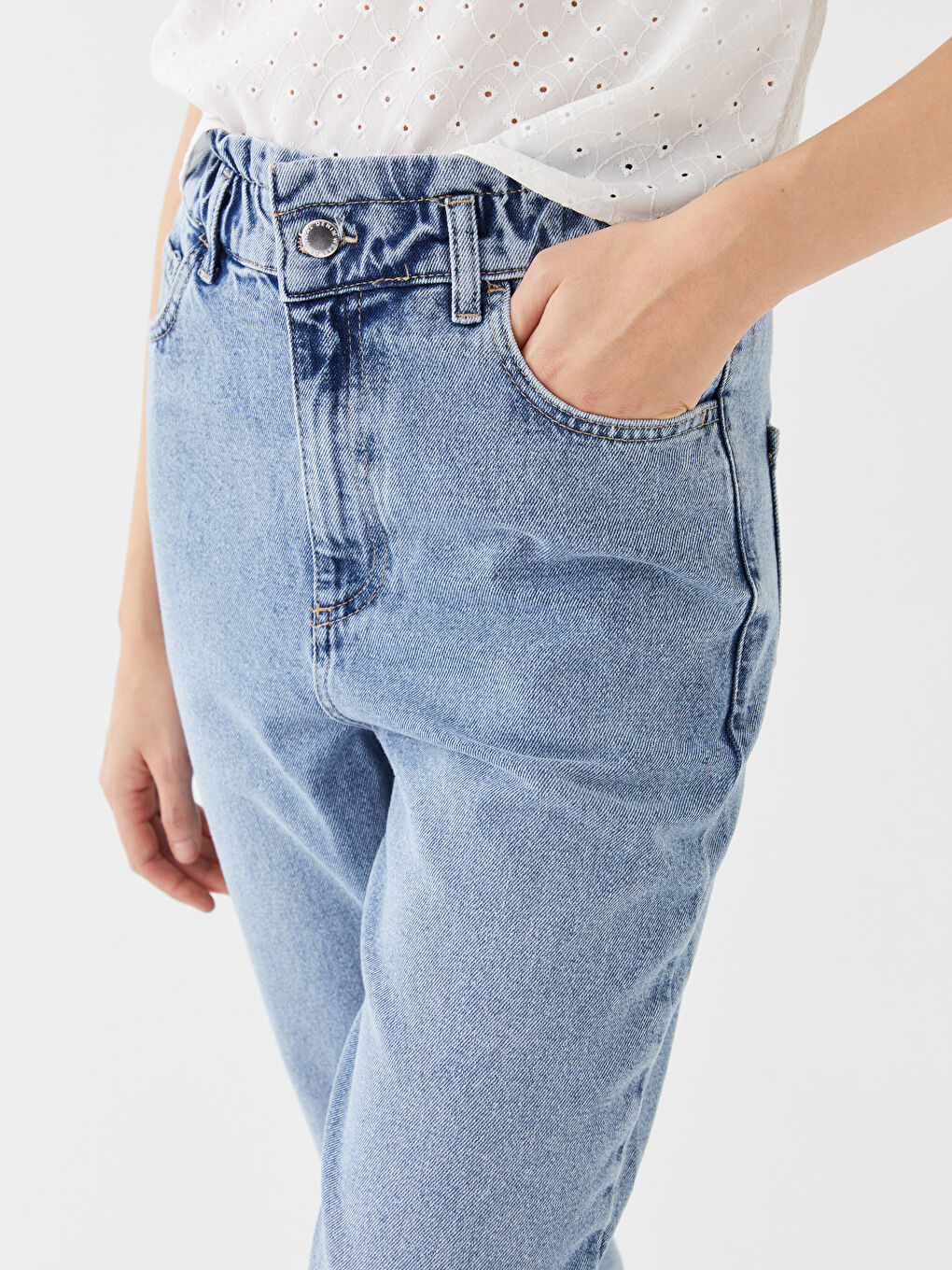 İndigo Beli Lastikli Slouchy Fit Kadın Jean Pantolon-2